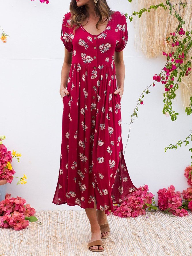 Floral Maxi Dress Plus Size Short Sleeve Printed Dresses Women's